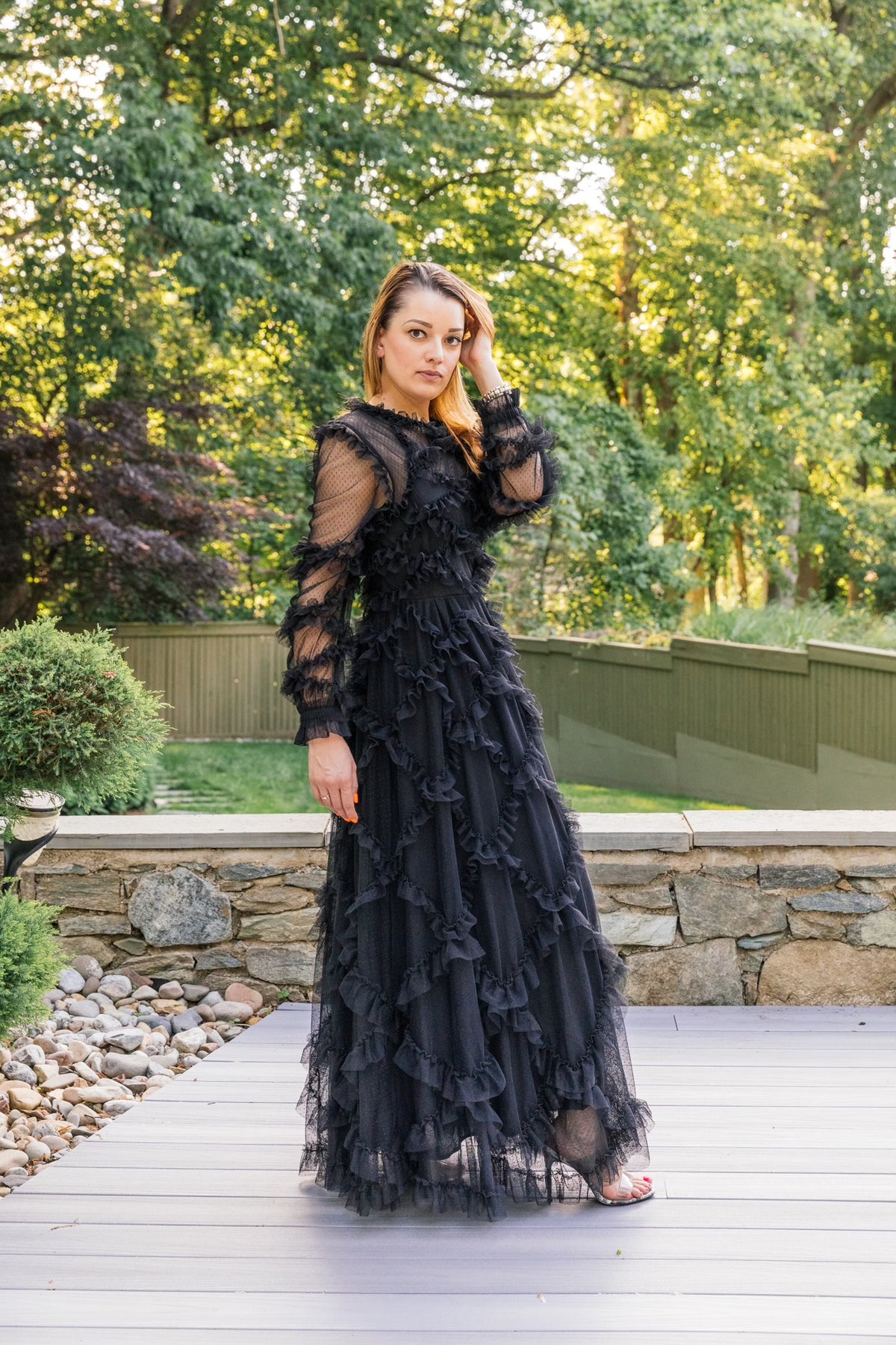 Black ruffle long sleeve maxi dress